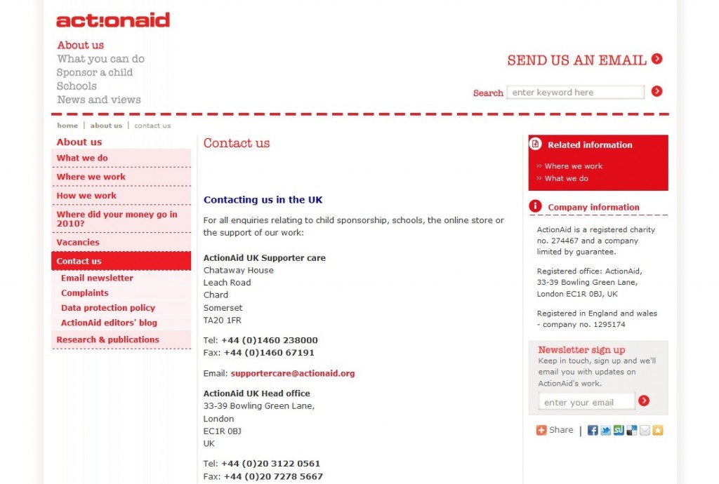 Screengrab of ActionAid UK's 'Contact us' page